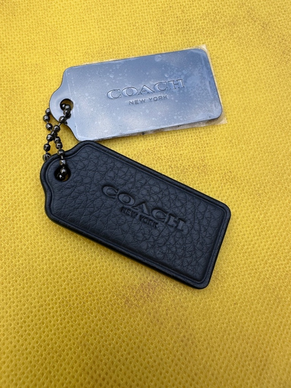 Coach Hang Tag Set Black Pebbled Leather and Silver 2.5" x 1"